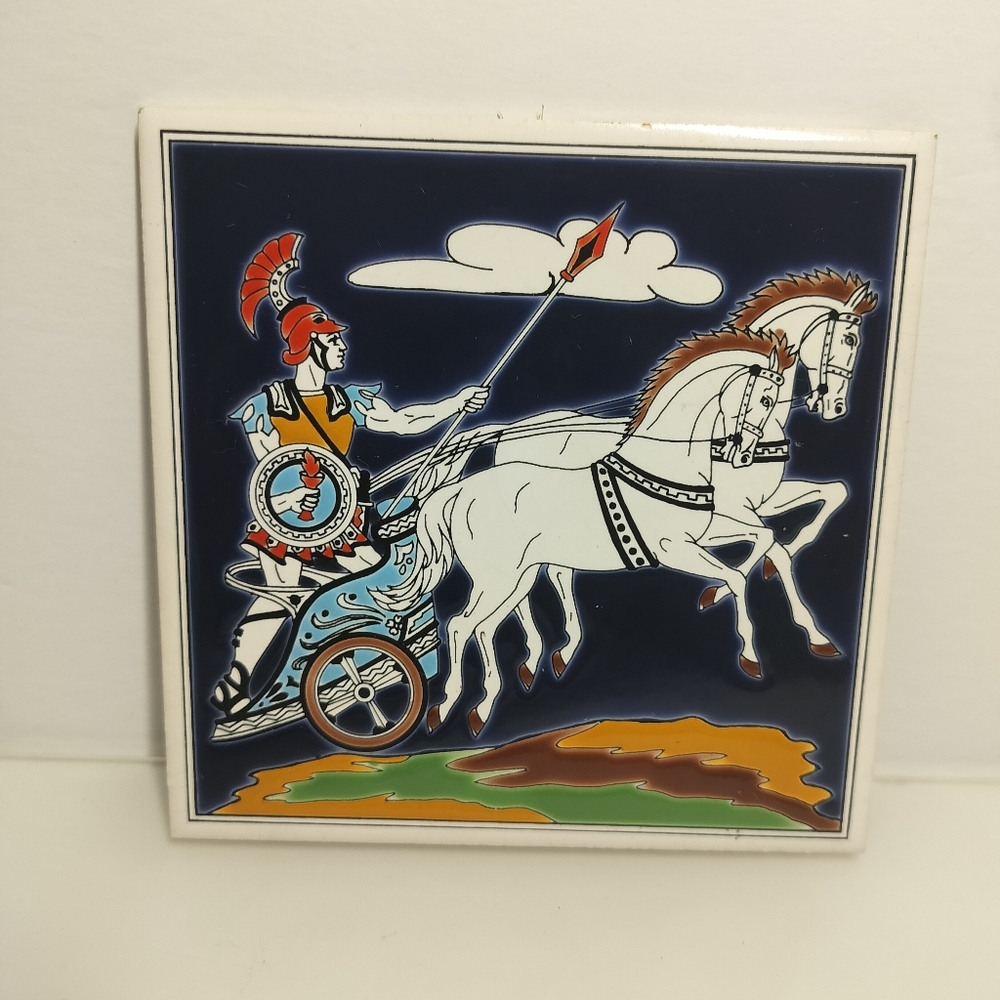 Decorative Ceramic Tile Wall Art - White Horses & Roman Charioteer Made In Greec